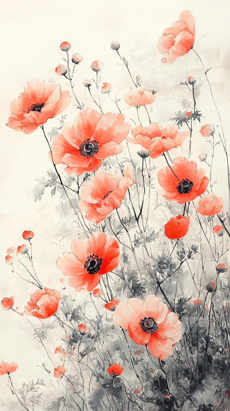 高清大图下载【趣麦麦图】水彩画风格红色罂粟花