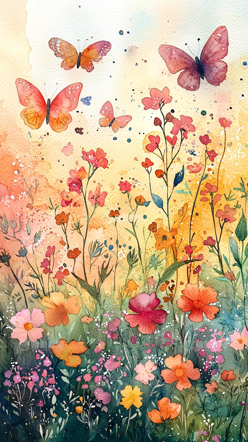 高清大图下载【趣麦麦图】水彩蝴蝶花田