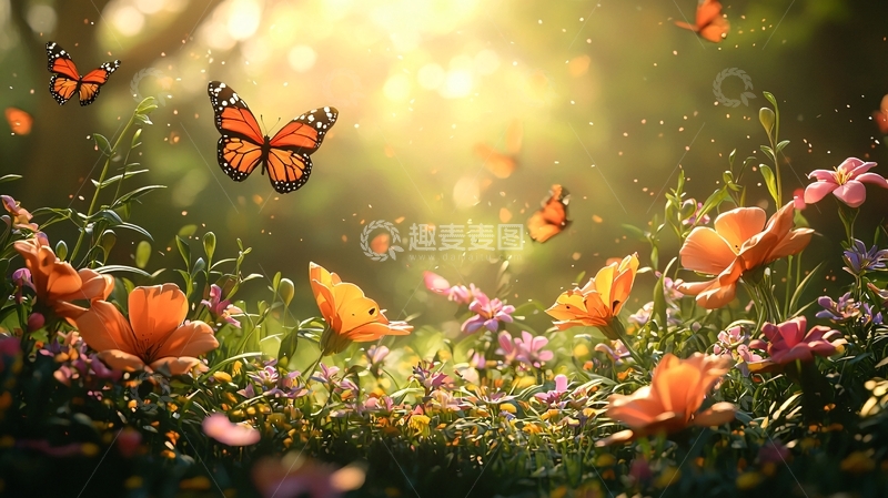 高清大图下载【趣麦麦图】阳光下飞舞的蝴蝶和鲜花