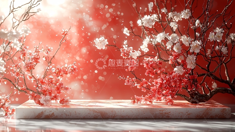 高清大图下载【趣麦麦图】红底白花石台背景