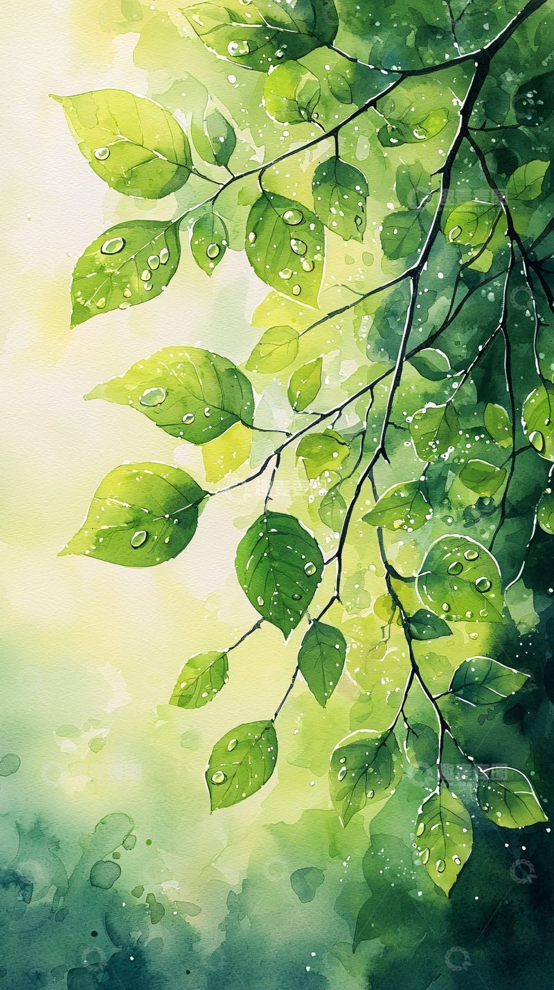 高清大图下载【趣麦麦图】绿叶水彩画