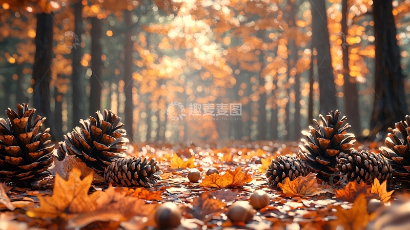 高清大图下载【趣麦麦图】秋日森林松果落叶