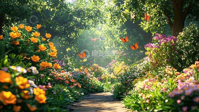 高清大图下载【趣麦麦图】阳光森林小路鲜花蝴蝶
