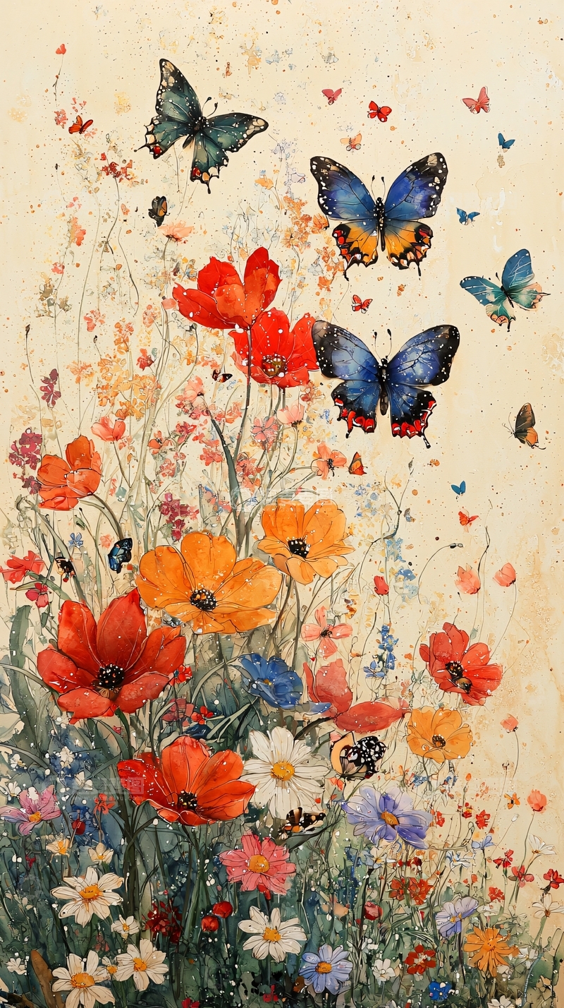 高清大图下载【趣麦麦图】彩色蝴蝶花卉水彩画