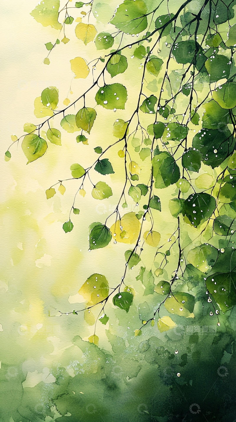 高清大图下载【趣麦麦图】清新淡雅的绿叶水彩画