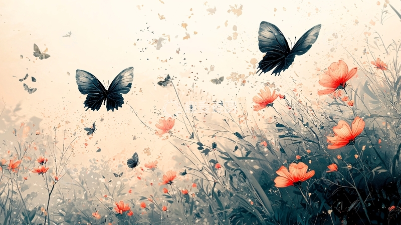 高清大图下载【趣麦麦图】黑蝴蝶飞舞在粉色花海中