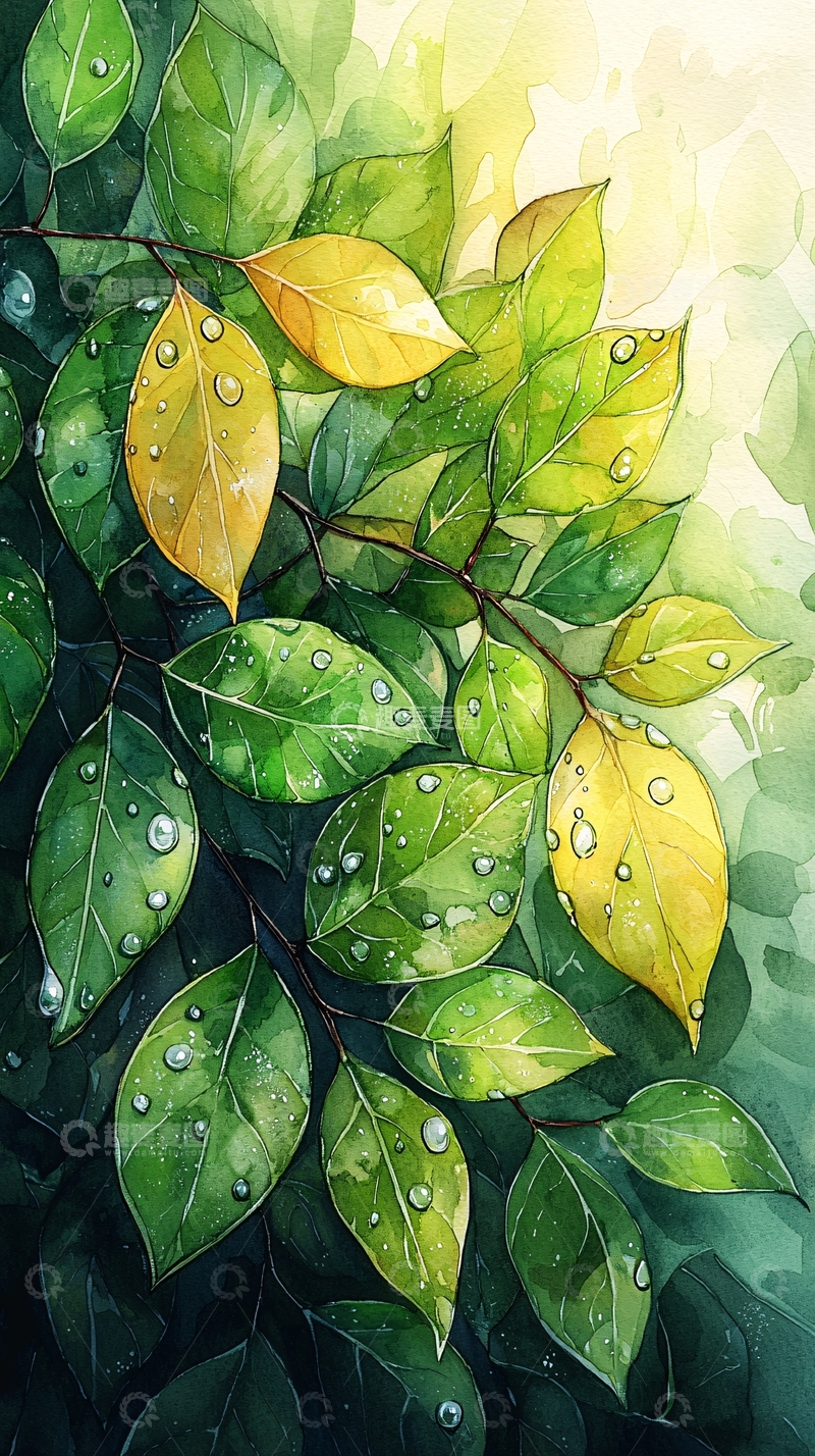 高清大图下载【趣麦麦图】水彩绿叶