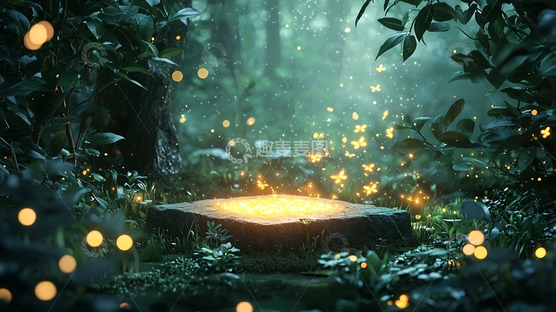 高清大图下载【趣麦麦图】萤火虫森林树桩