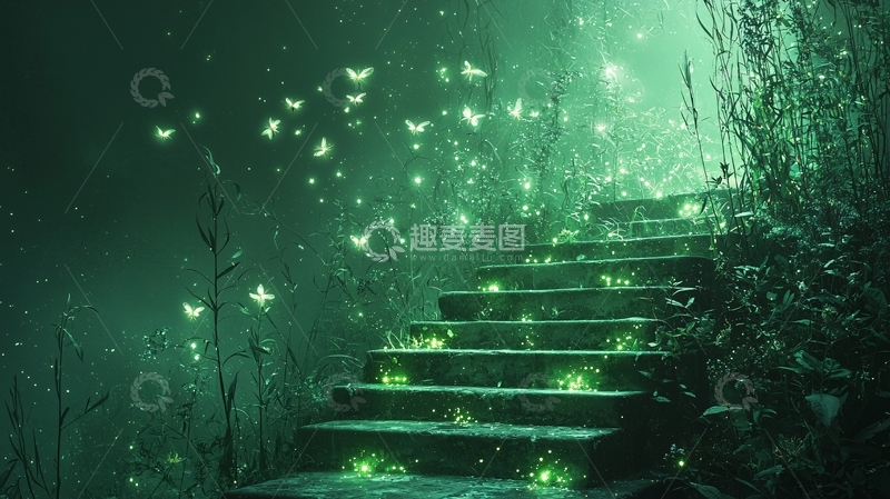 高清大图下载【趣麦麦图】绿光萤火虫阶梯