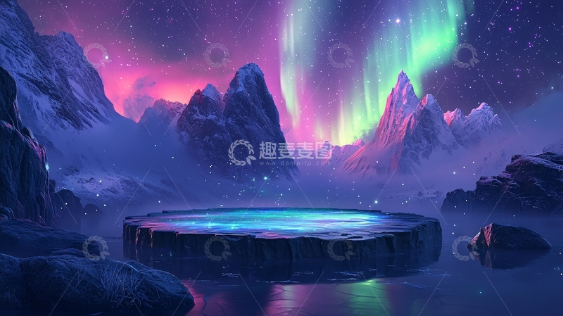 高清大图下载【趣麦麦图】极光下的冰湖雪山