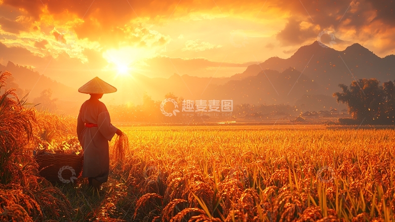 高清大图下载【趣麦麦图】日落稻田农人剪影