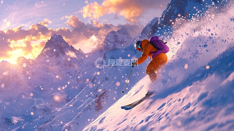 高清大图下载【趣麦麦图】雪山日落滑雪