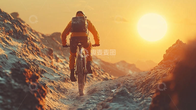 高清大图下载【趣麦麦图】夕阳下骑行山地车