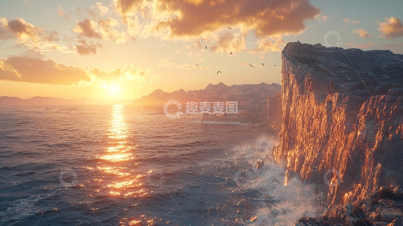 高清大图下载【趣麦麦图】日落海景峭壁剪影