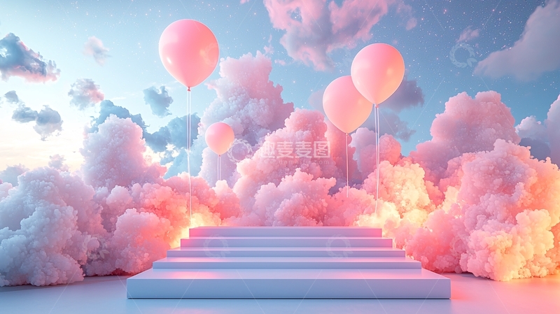 高清大图下载【趣麦麦图】粉色气球云朵阶梯