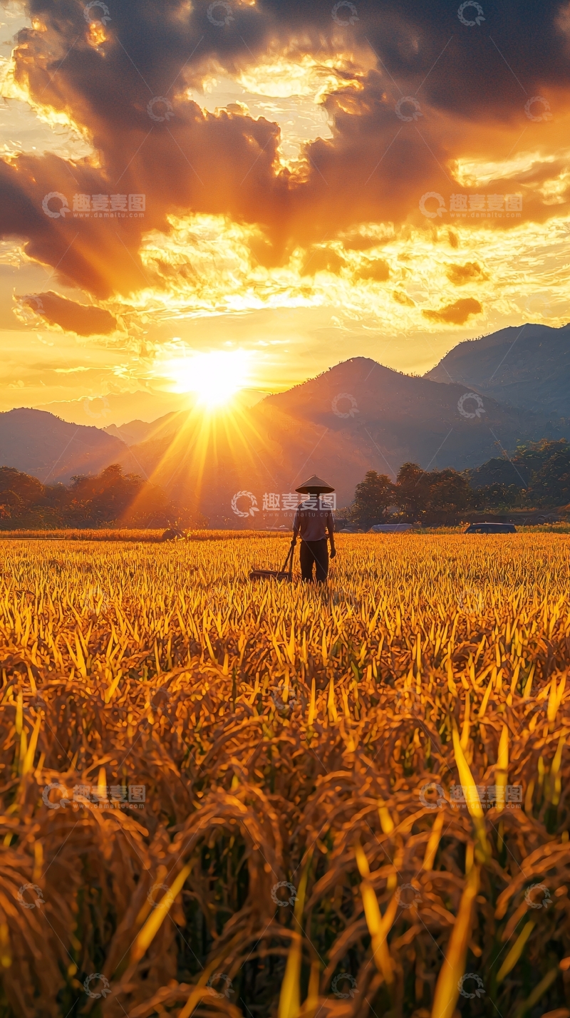 高清大图下载【趣麦麦图】日落时分农田里的农民