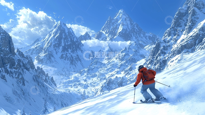 高清大图下载【趣麦麦图】滑雪者雪山极速滑行
