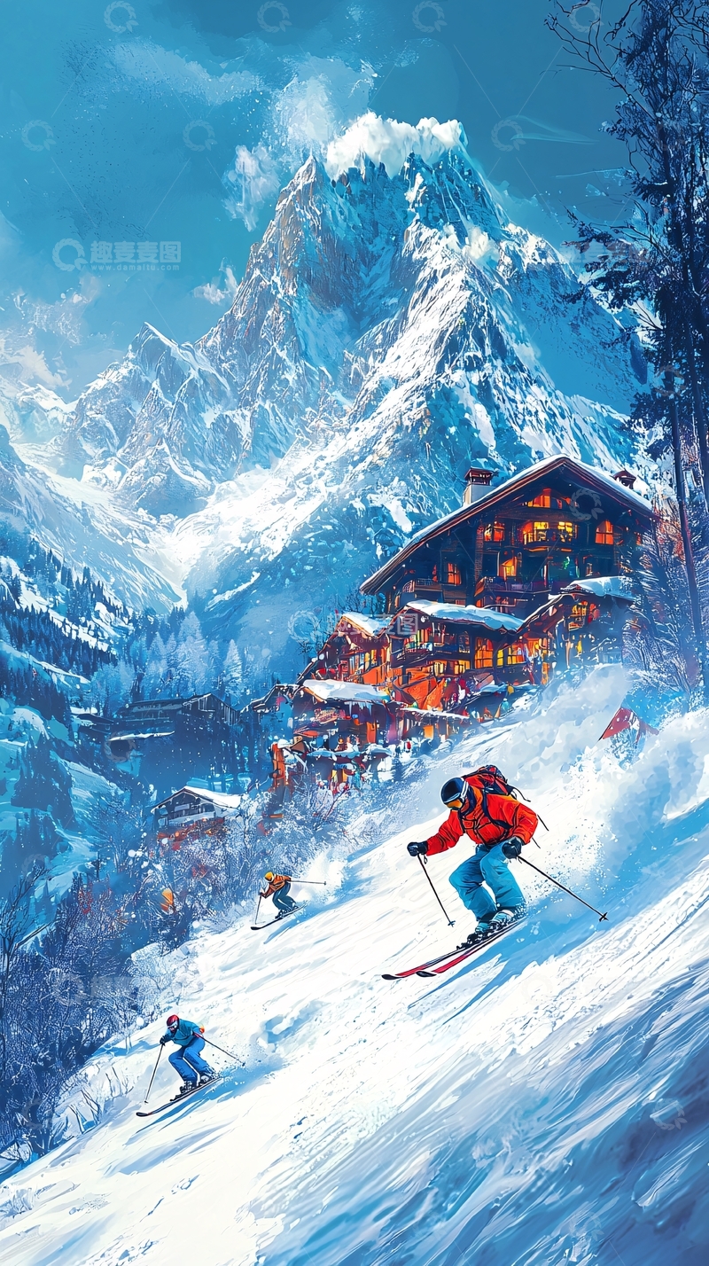 高清大图下载【趣麦麦图】雪山滑雪度假村风景