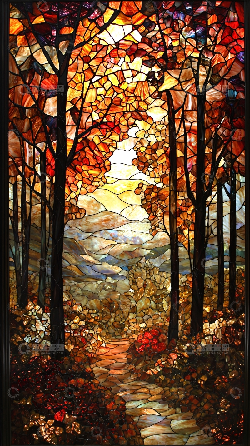 高清大图下载【趣麦麦图】秋日森林彩色玻璃窗