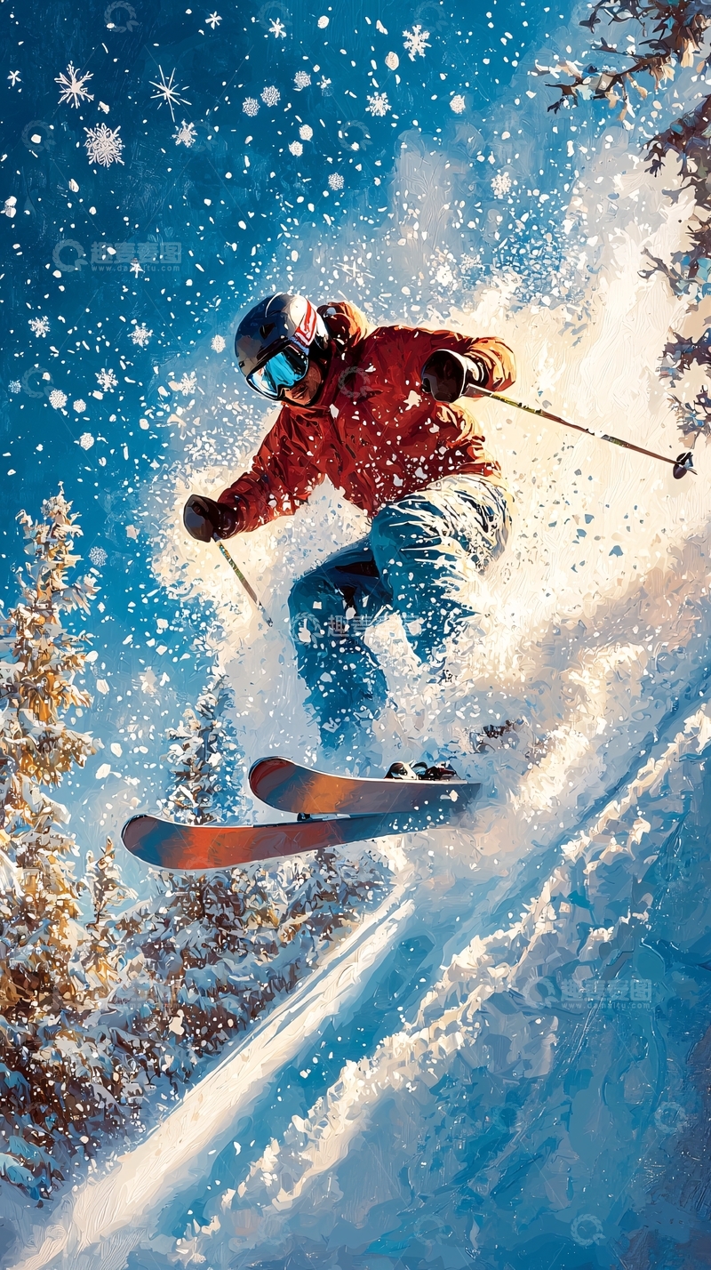 高清大图下载【趣麦麦图】滑雪运动员雪地飞跃