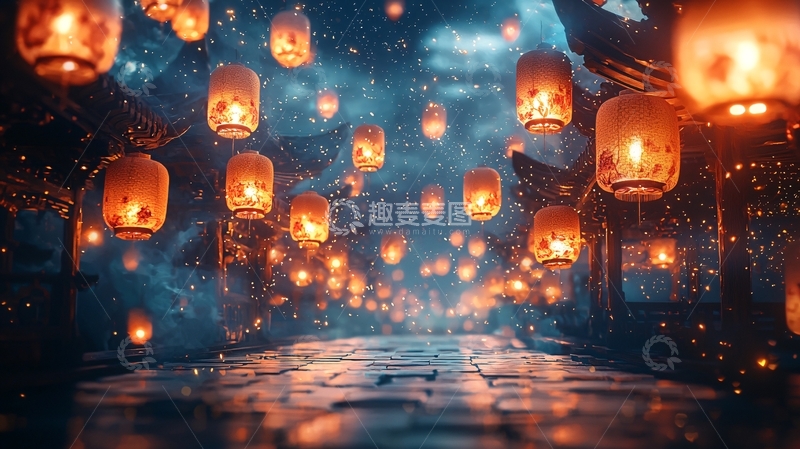 高清大图下载【趣麦麦图】梦幻般的天灯小路