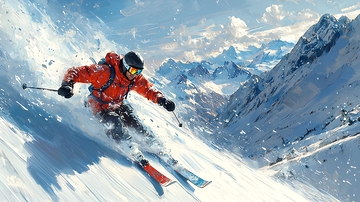 滑雪者在雪山急速滑雪