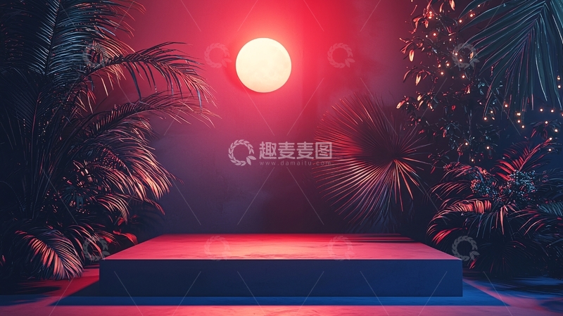 高清大图下载【趣麦麦图】红光背景下的热带植物展示台