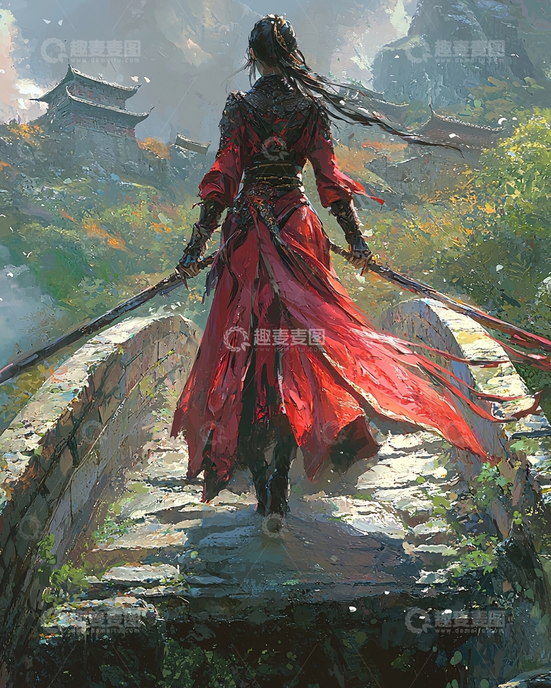 高清大图下载【趣麦麦图】红衣女子背影远眺古桥