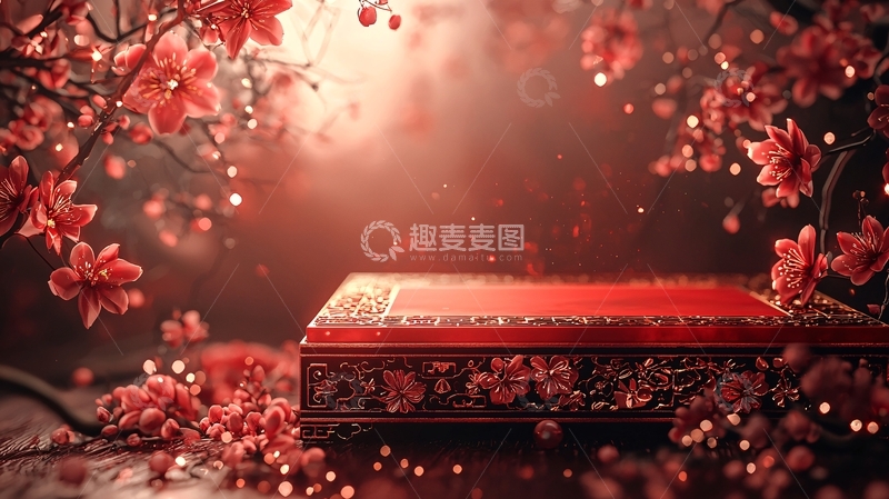 高清大图下载【趣麦麦图】红色花朵围绕的精美盒子