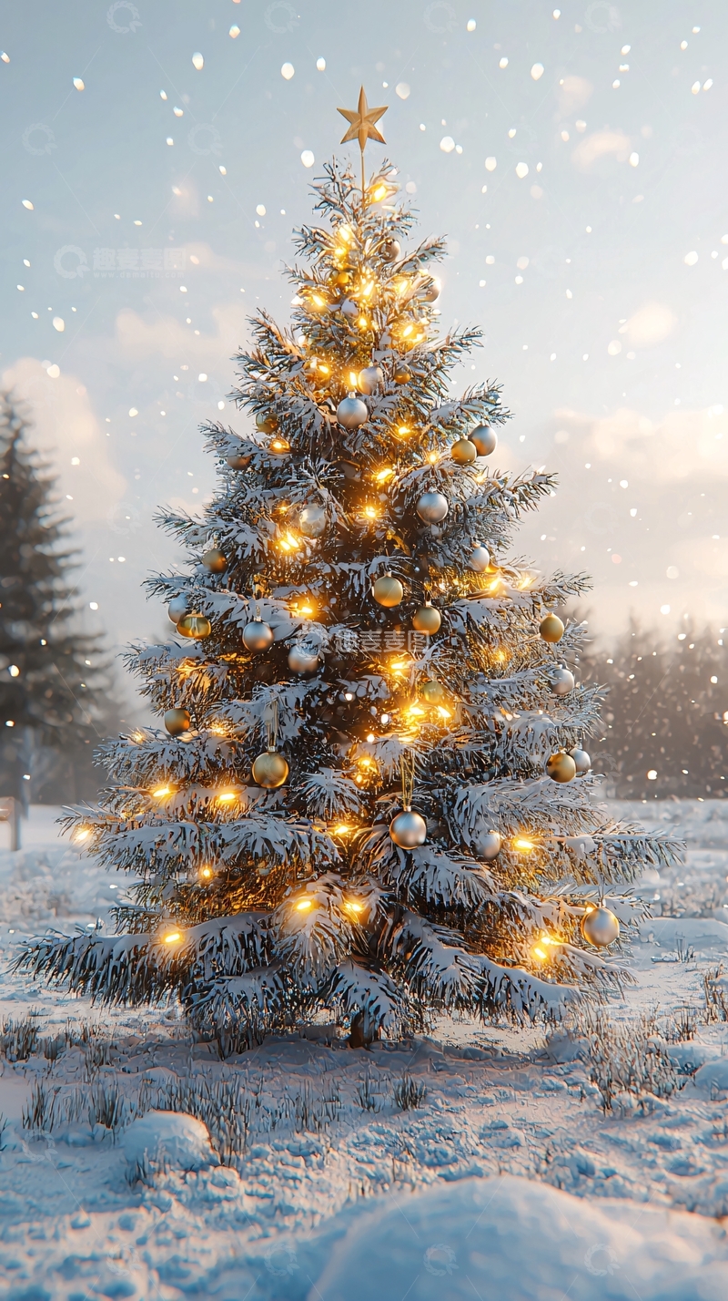 高清大图下载【趣麦麦图】雪中闪耀的圣诞树