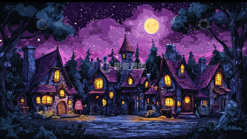 高清大图下载【趣麦麦图】紫色夜空下的魔法小镇
