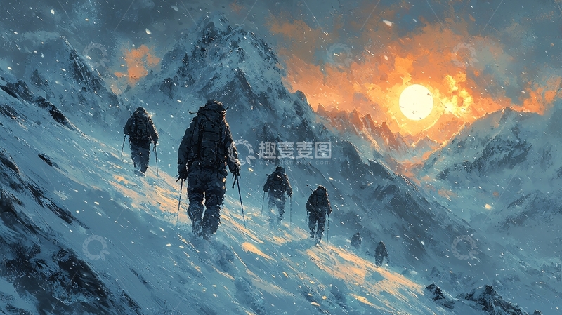 高清大图下载【趣麦麦图】雪山攀登队日落景象