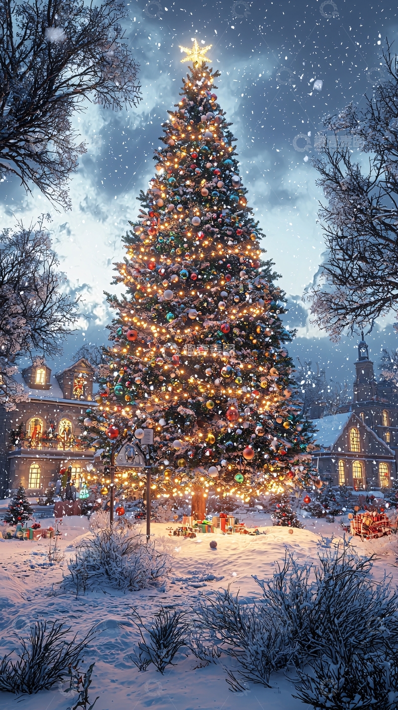 高清大图下载【趣麦麦图】雪夜圣诞树下的温馨小镇