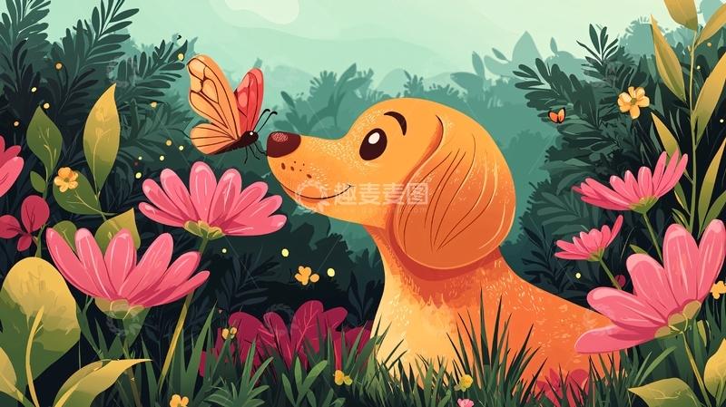 高清大图下载【趣麦麦图】小猎犬与蝴蝶在花园