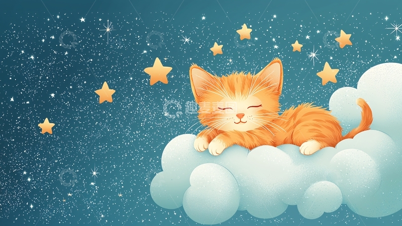 高清大图下载【趣麦麦图】小猫睡在云朵上