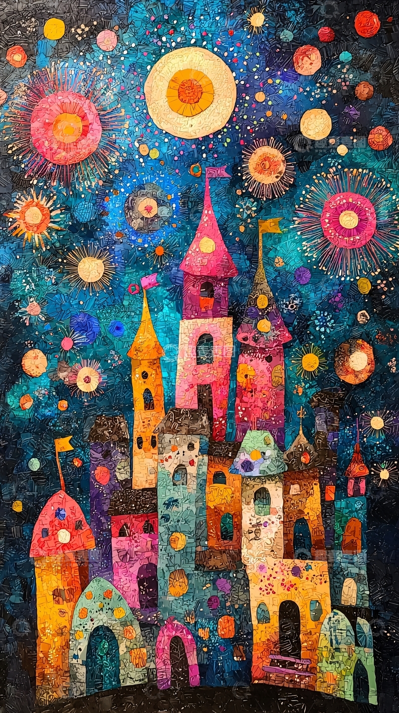 高清大图下载【趣麦麦图】梦幻星空下的彩色城堡