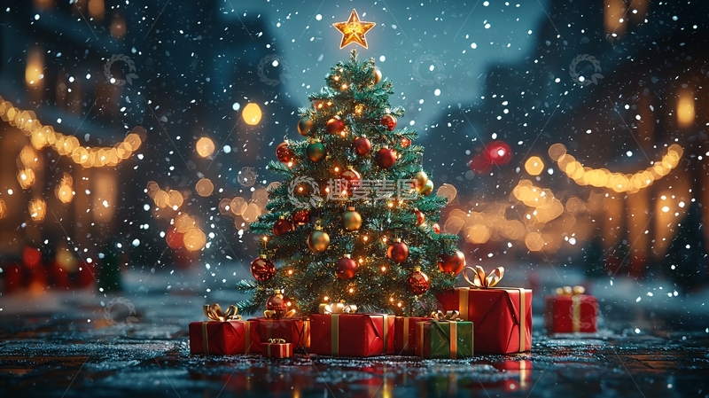 高清大图下载【趣麦麦图】雪夜圣诞树下的礼物
