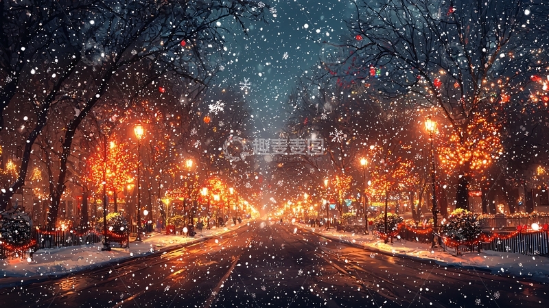 高清大图下载【趣麦麦图】雪夜街道灯光