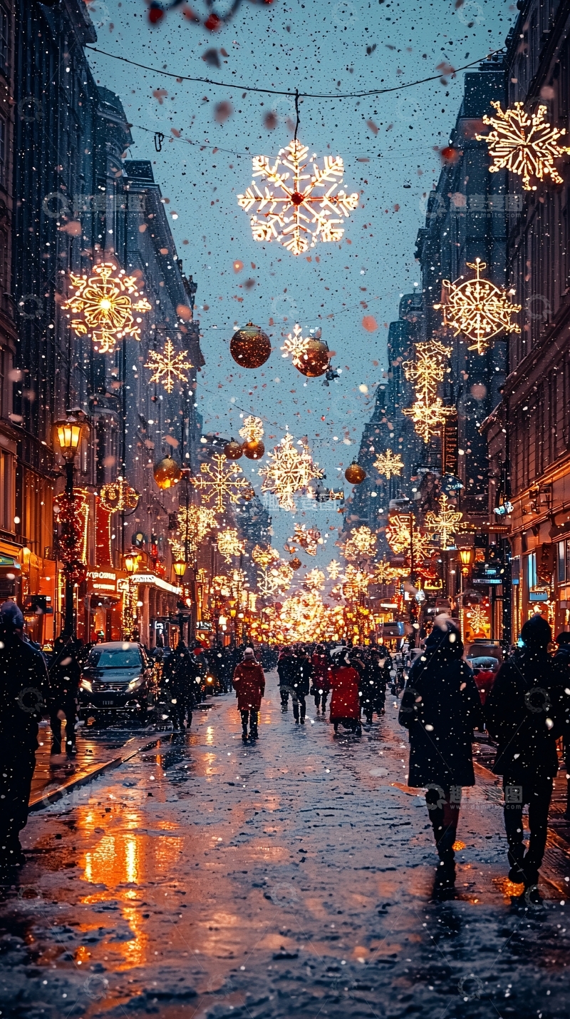 高清大图下载【趣麦麦图】下雪的圣诞节街道夜景