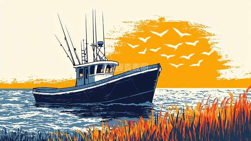 高清大图下载【趣麦麦图】渔船日落剪影