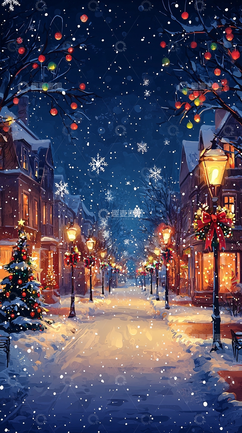 高清大图下载【趣麦麦图】下雪的圣诞小镇夜景