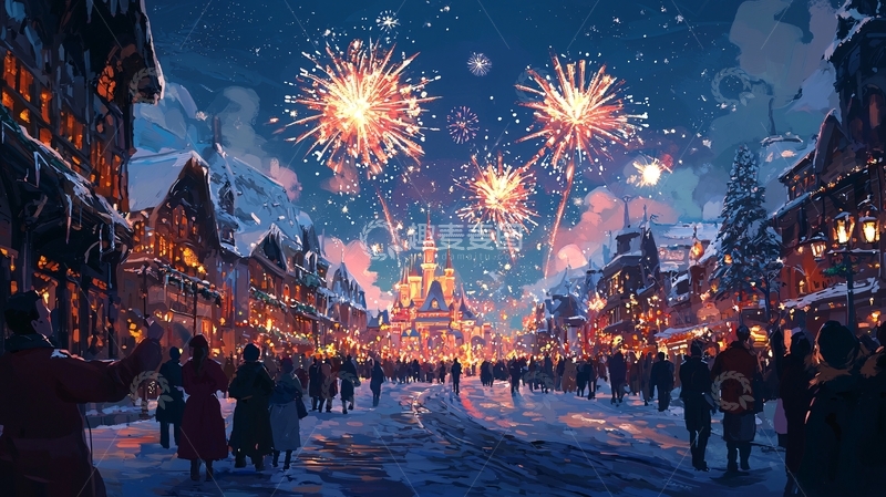 高清大图下载【趣麦麦图】冬夜雪景烟火小镇