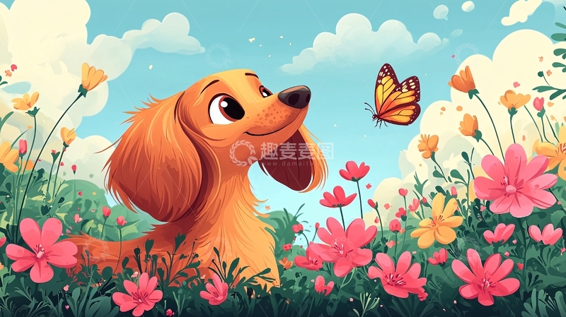 高清大图下载【趣麦麦图】可爱狗狗看蝴蝶