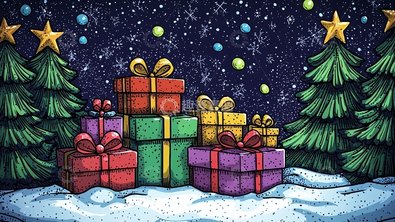 高清大图下载【趣麦麦图】圣诞节礼物堆雪地