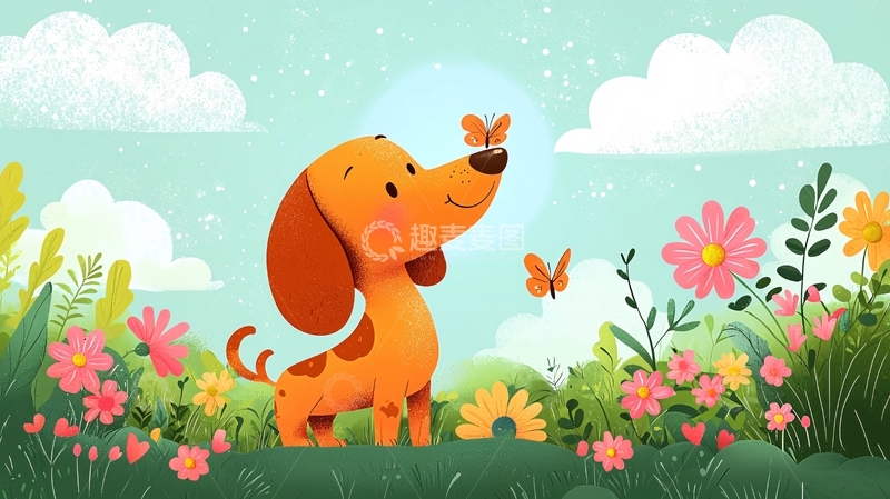 高清大图下载【趣麦麦图】可爱小猎犬与蝴蝶花丛
