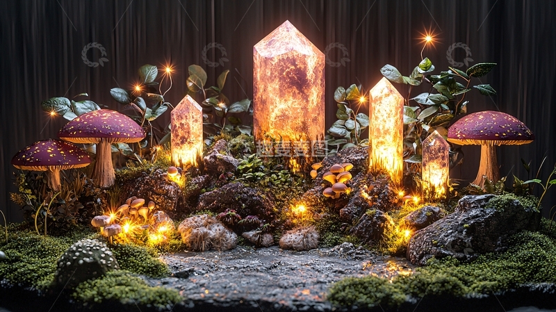高清大图下载【趣麦麦图】发光水晶蘑菇森林场景