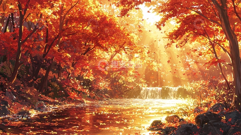 高清大图下载【趣麦麦图】秋日森林溪流阳光