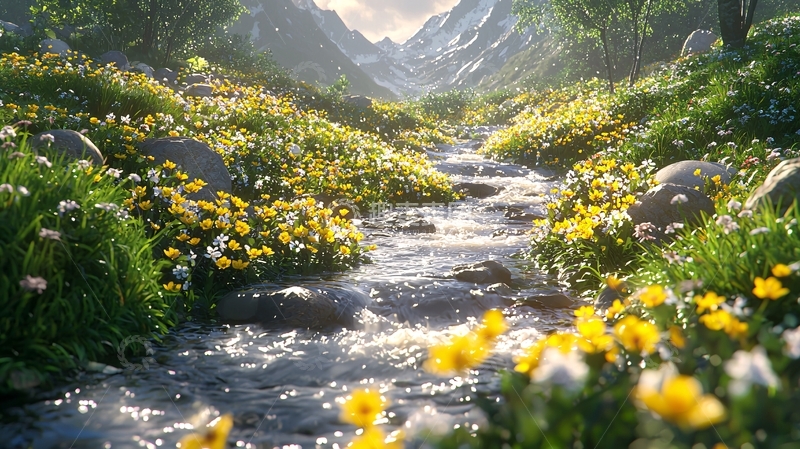 高清大图下载【趣麦麦图】山谷溪流野花盛开