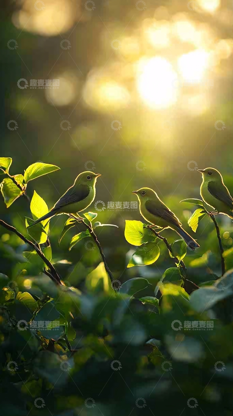高清大图下载【趣麦麦图】清晨阳光下的三只小鸟