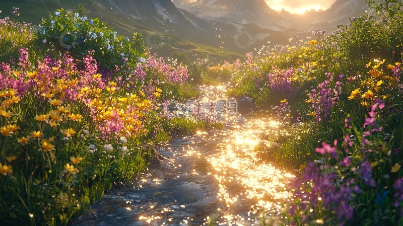 高清大图下载【趣麦麦图】山间溪流野花盛开